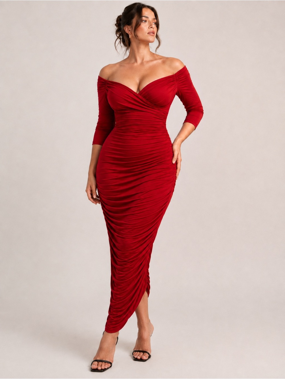 Laura Byrnes Red Ruched Midi Dress XL Vintage Inspired Pin Up 3/4 Sleeve USA
